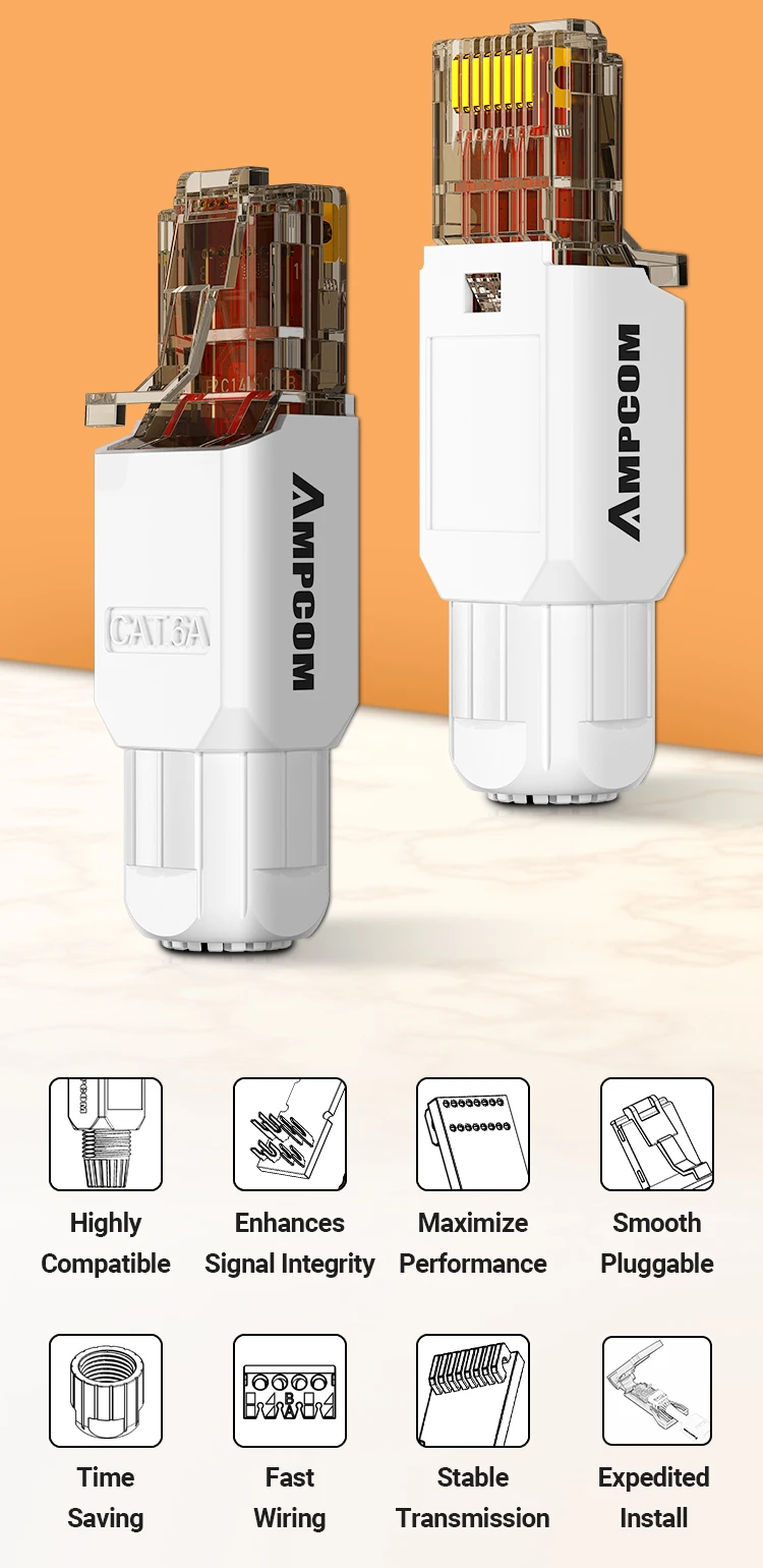 AMPCOM RJ45 Connector Tool Free CAT6A CAT6 10Gbps UTP Field Modular Plug Tool Free Ethernet Reusable Termination Lan Plugs