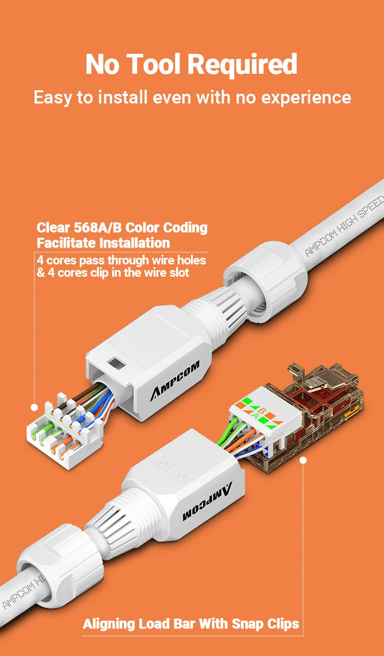 AMPCOM RJ45 Connector Tool Free CAT6A CAT6 10Gbps UTP Field Modular Plug Tool Free Ethernet Reusable Termination Lan Plugs