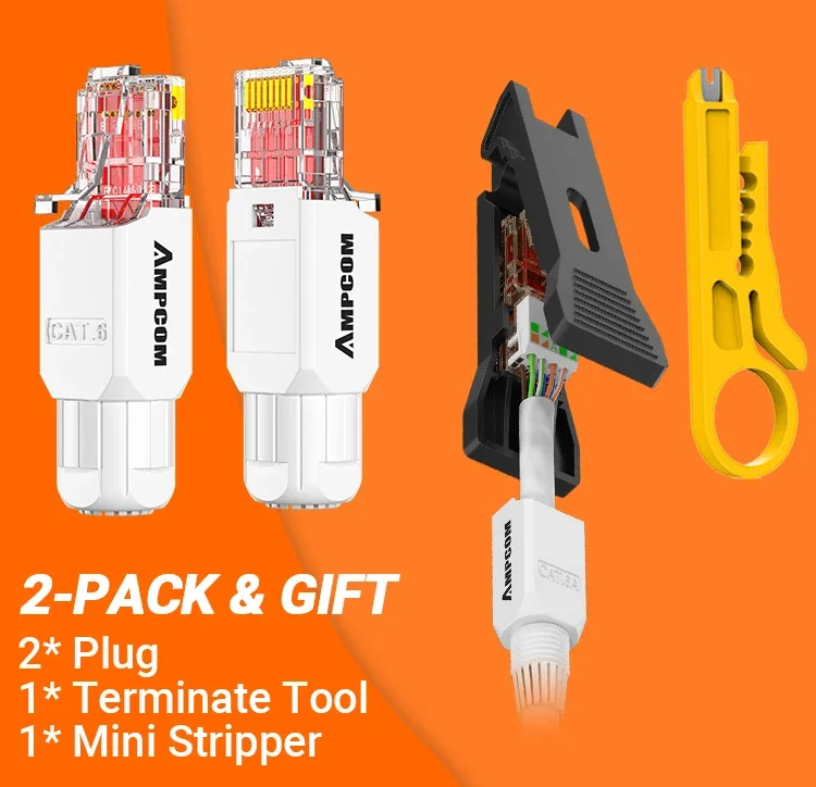 AMPCOM RJ45 Connector Tool Free CAT6A CAT6 10Gbps UTP Field Modular Plug Tool Free Ethernet Reusable Termination Lan Plugs