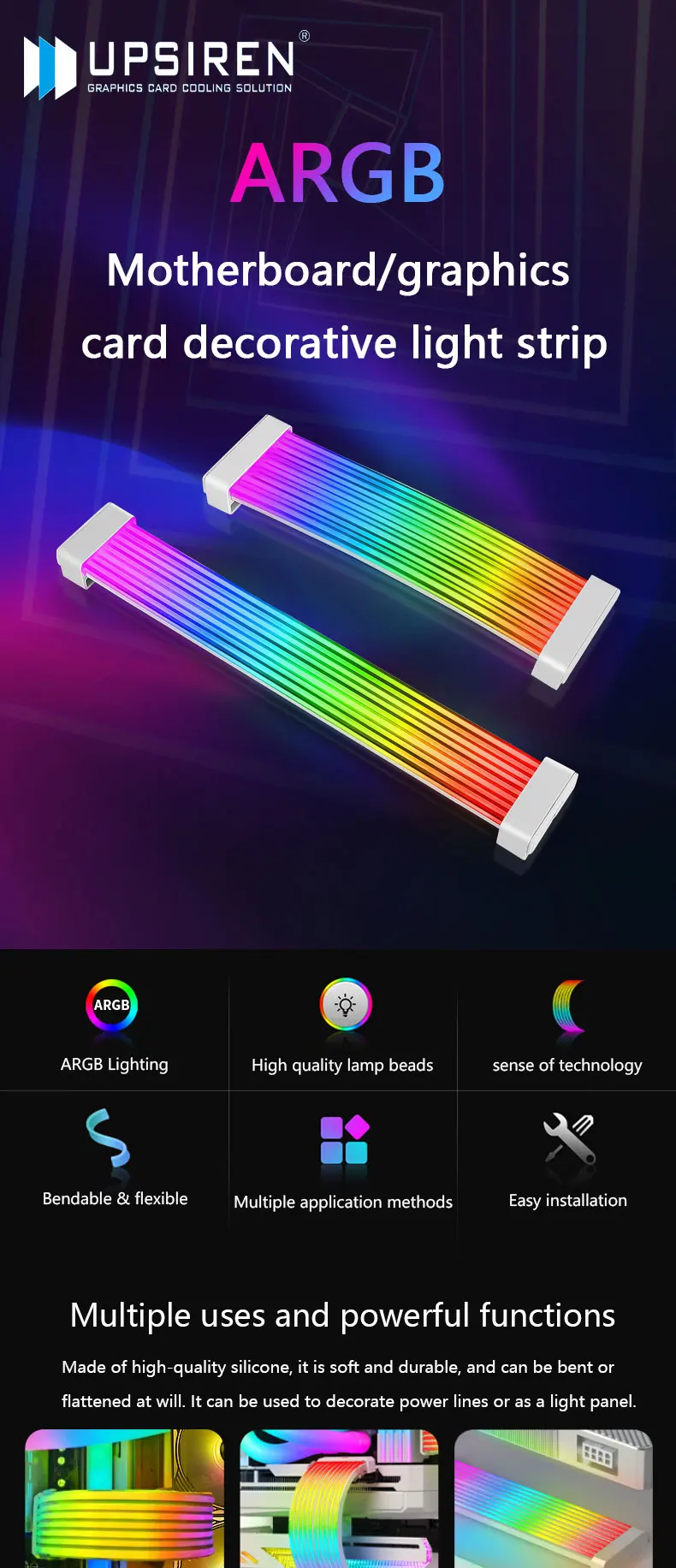 UPSIREN Bendable ARGB Light Board, Suitable For Graphics Card 24pin/8pin/2x8pin/12VHPWR/Motherboard Decorative Light Strip