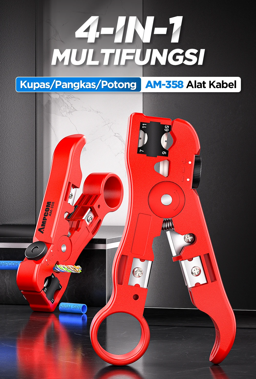 AMPCOM Multi-Function Cable Stripper Tool for Coaxial/Round/Flat Wires, Wire Stripper & Cutter with Compression