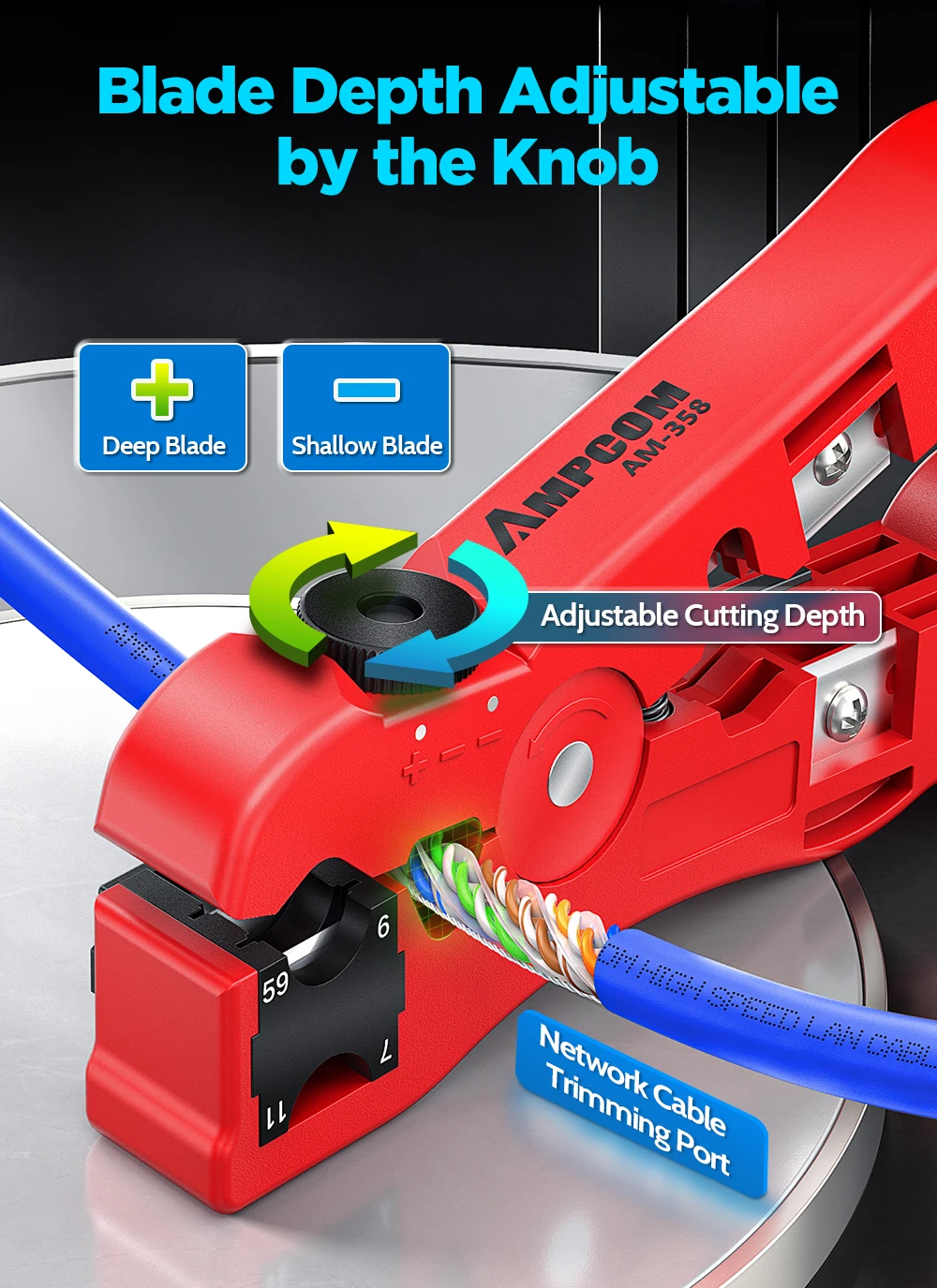 AMPCOM Multi-Function Cable Stripper Tool for Coaxial/Round/Flat Wires, Wire Stripper & Cutter with Compression