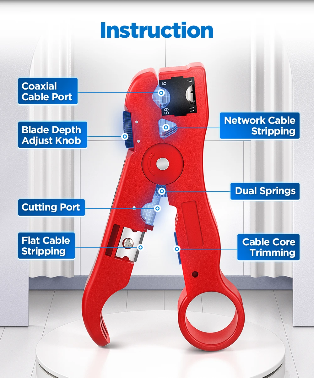 AMPCOM Multi-Function Cable Stripper Tool for Coaxial/Round/Flat Wires, Wire Stripper & Cutter with Compression