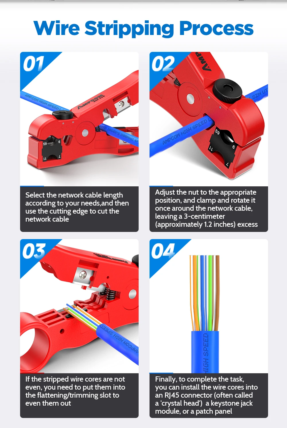 AMPCOM Multi-Function Cable Stripper Tool for Coaxial/Round/Flat Wires, Wire Stripper & Cutter with Compression