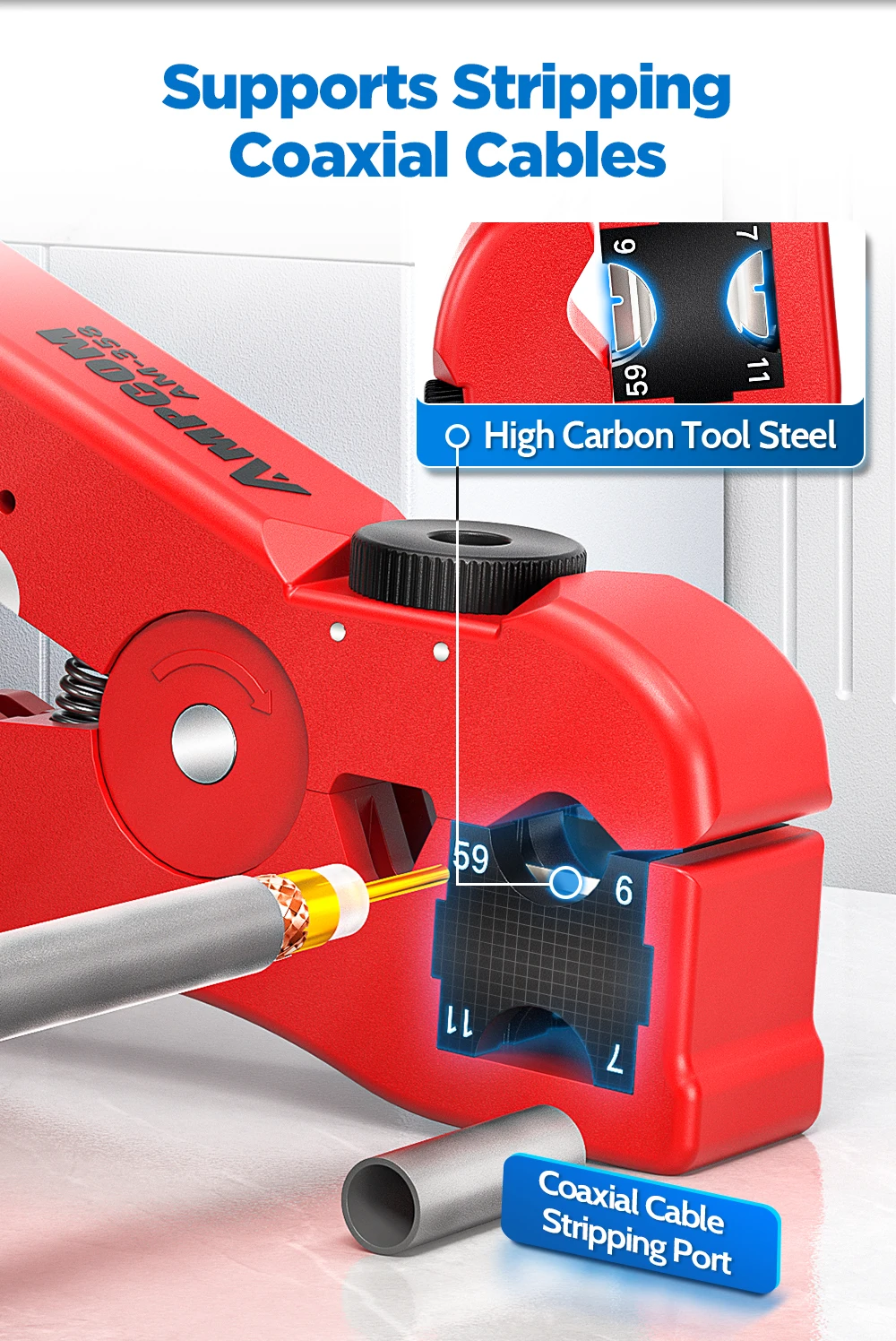 AMPCOM Multi-Function Cable Stripper Tool for Coaxial/Round/Flat Wires, Wire Stripper & Cutter with Compression