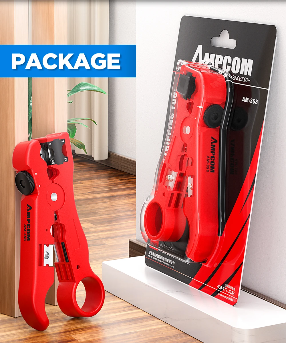AMPCOM Multi-Function Cable Stripper Tool for Coaxial/Round/Flat Wires, Wire Stripper & Cutter with Compression
