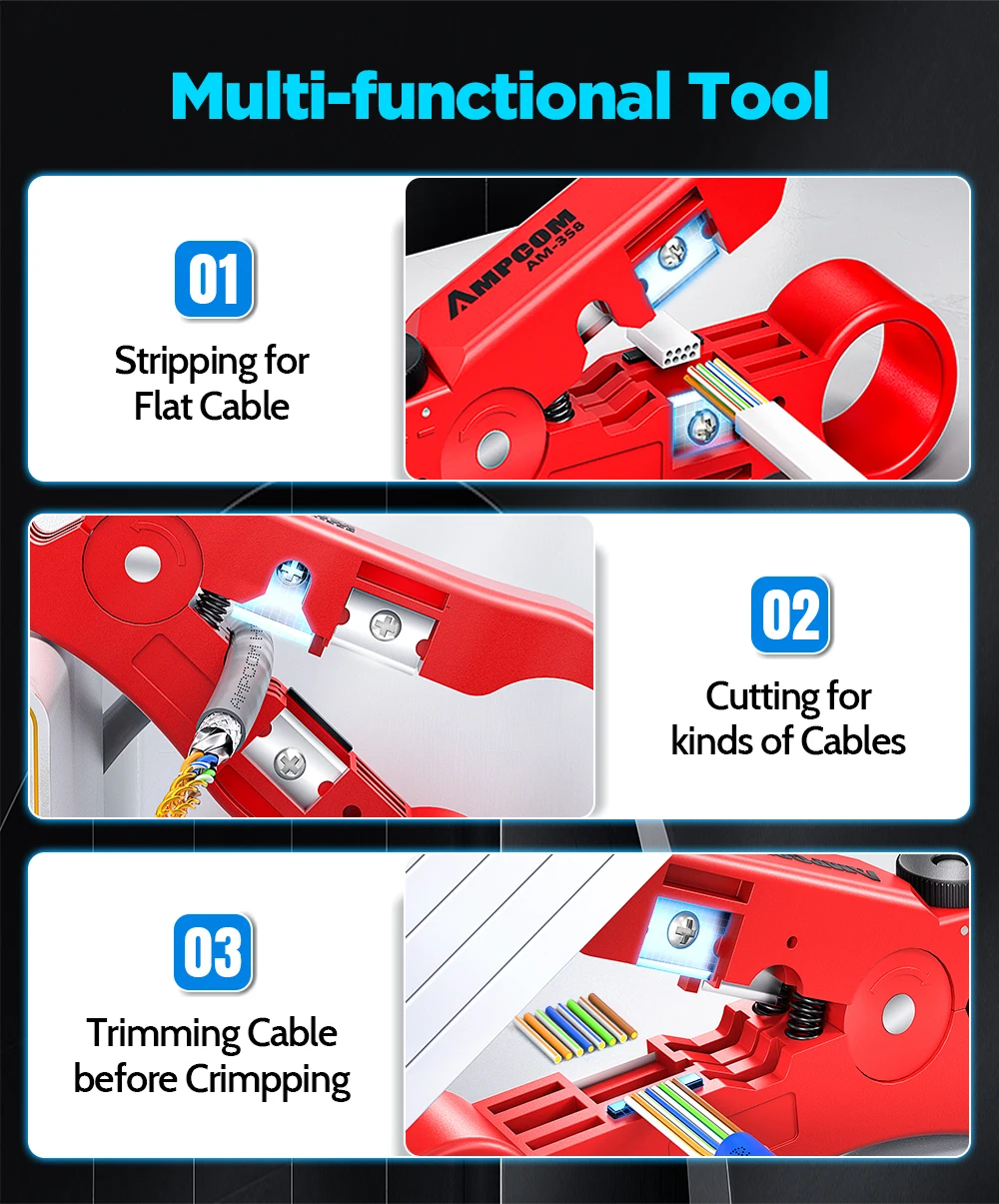 AMPCOM Multi-Function Cable Stripper Tool for Coaxial/Round/Flat Wires, Wire Stripper & Cutter with Compression