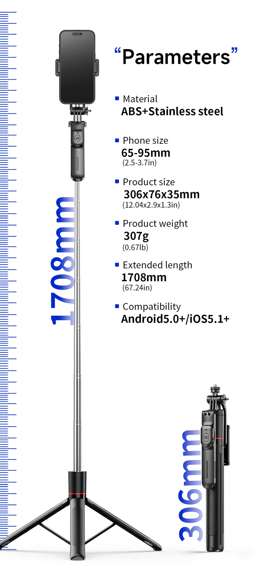 MEUYAG Selfie Stick Tripod with 1708mm Long Monopod Fill Light, Bluetooth Remote, 360° Rotation, 1/4 Interface, for mobile phone