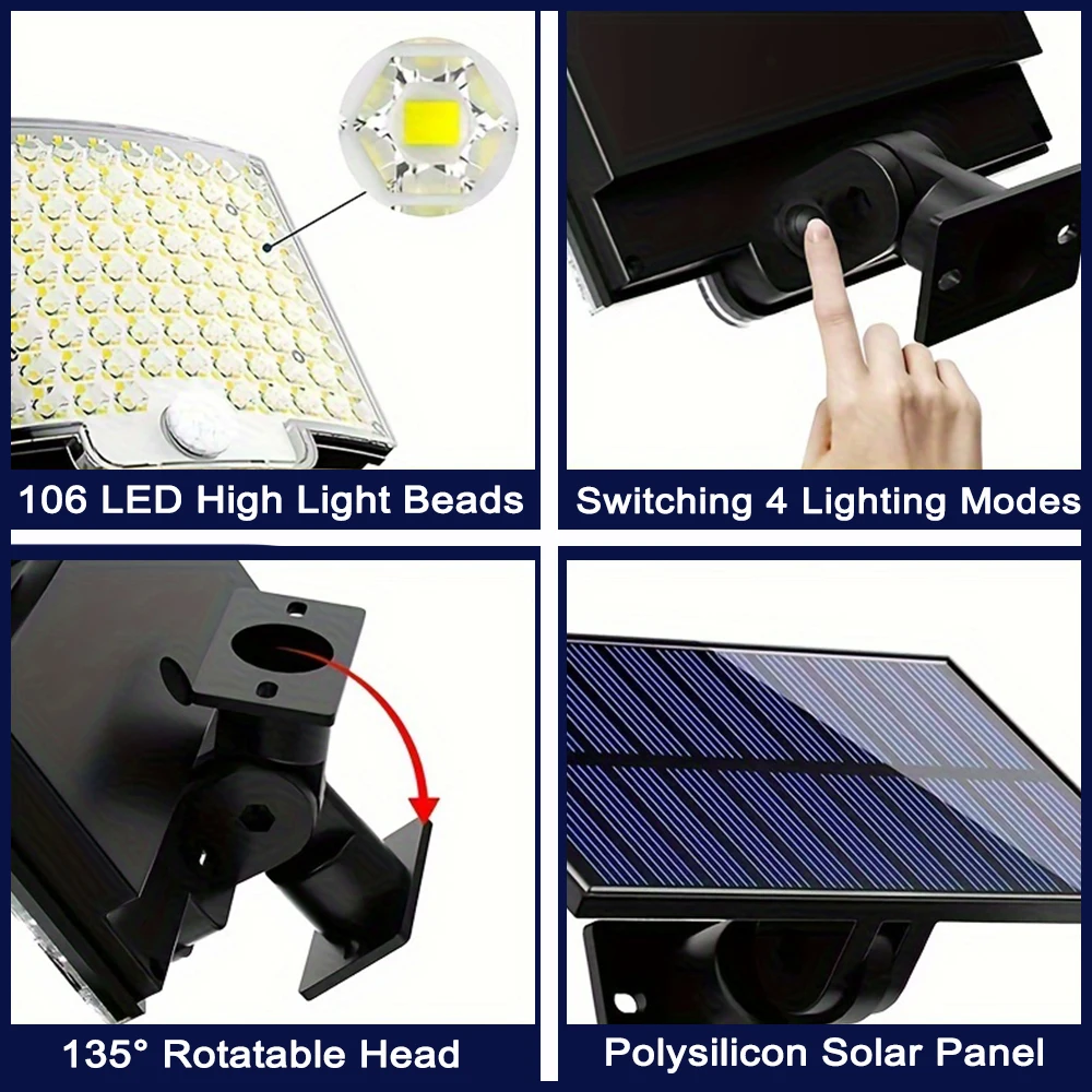 106LED Solar Outdoor Lights Motion Sensor Remote Wall Flood Lamp Security Waterproof Patio Garden Garage Fence Pathway Lighting