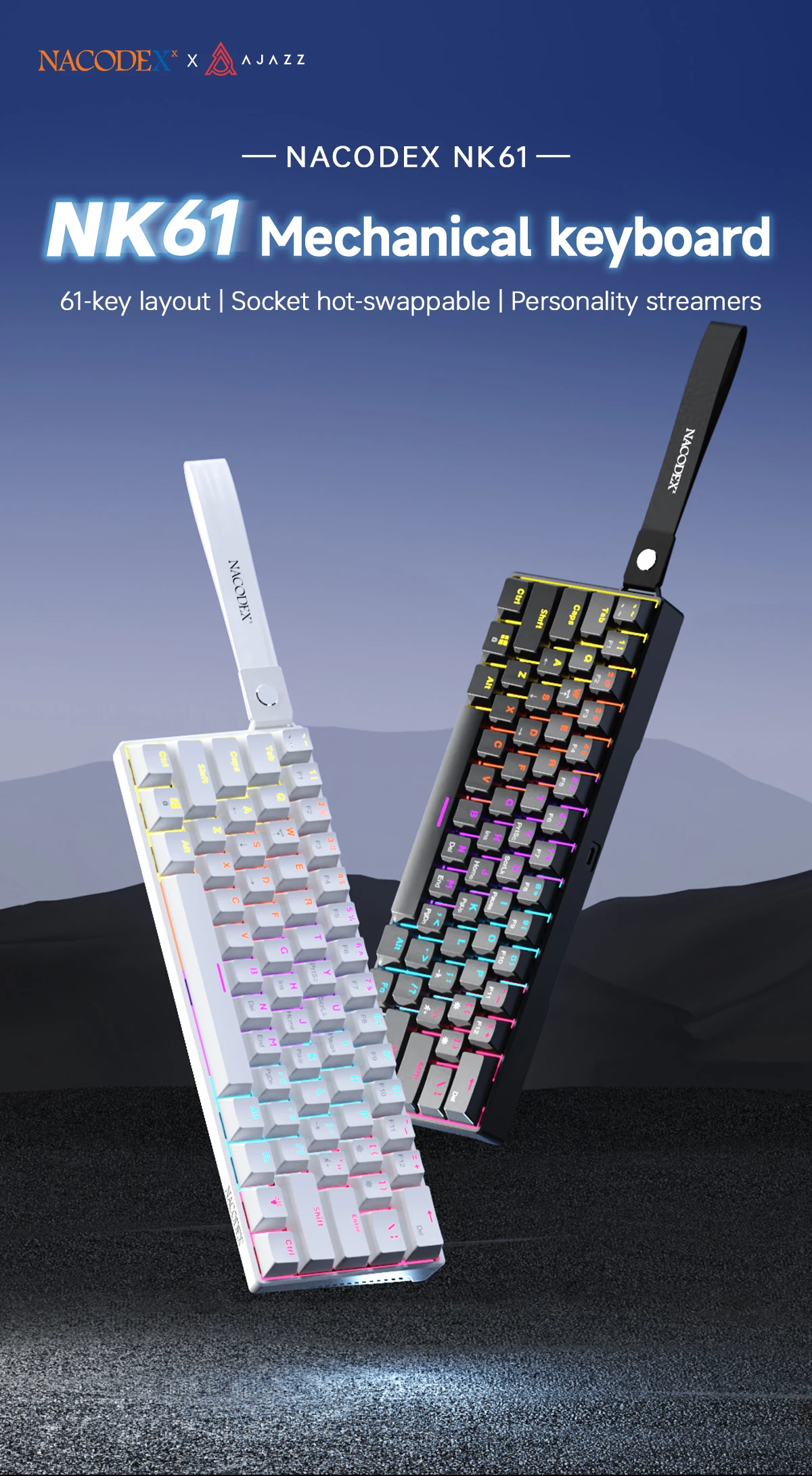 AJAZZ NK61 Wired Gaming Mechanical Keyboard 60% RGB Hot-Swappable 61 Keys Red Switch Mini Keyboard for Gamer PC
