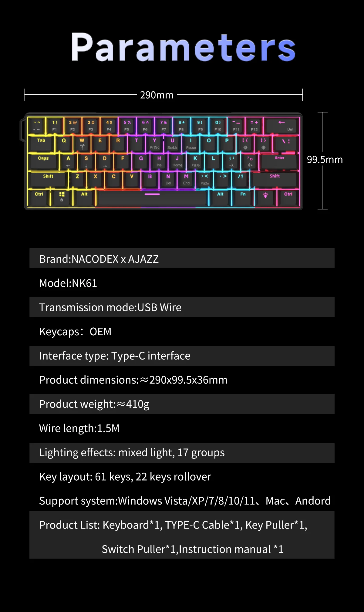 AJAZZ NK61 Wired Gaming Mechanical Keyboard 60% RGB Hot-Swappable 61 Keys Red Switch Mini Keyboard for Gamer PC