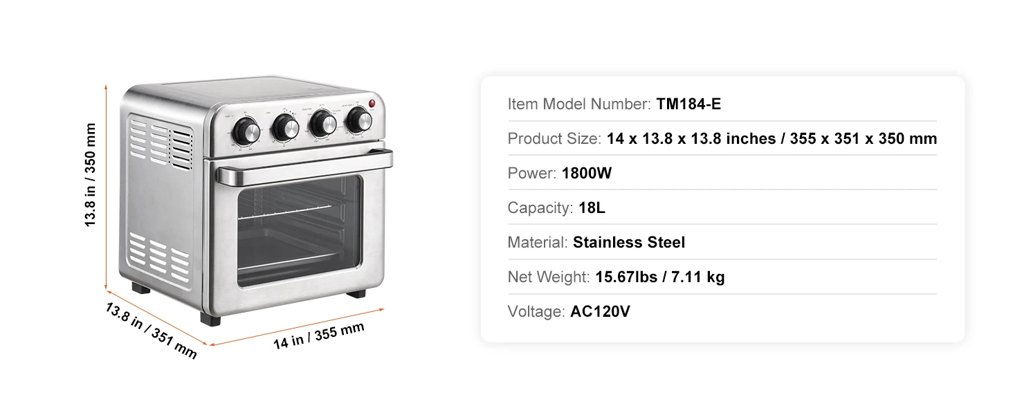SucceBuy 18L 1700W Air Fryer Toaster Oven Stainless Steel Toaster Ovens Countertop Combo with Grill Home and Commercial Use