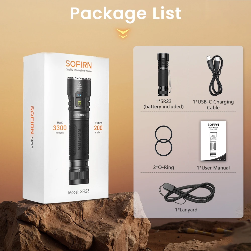 SOFIRN SR23 Flashlight EDC TN3535 3000LM 365nm UV SST08 USB-C 21700 Rechargeable Light With Dual Switch