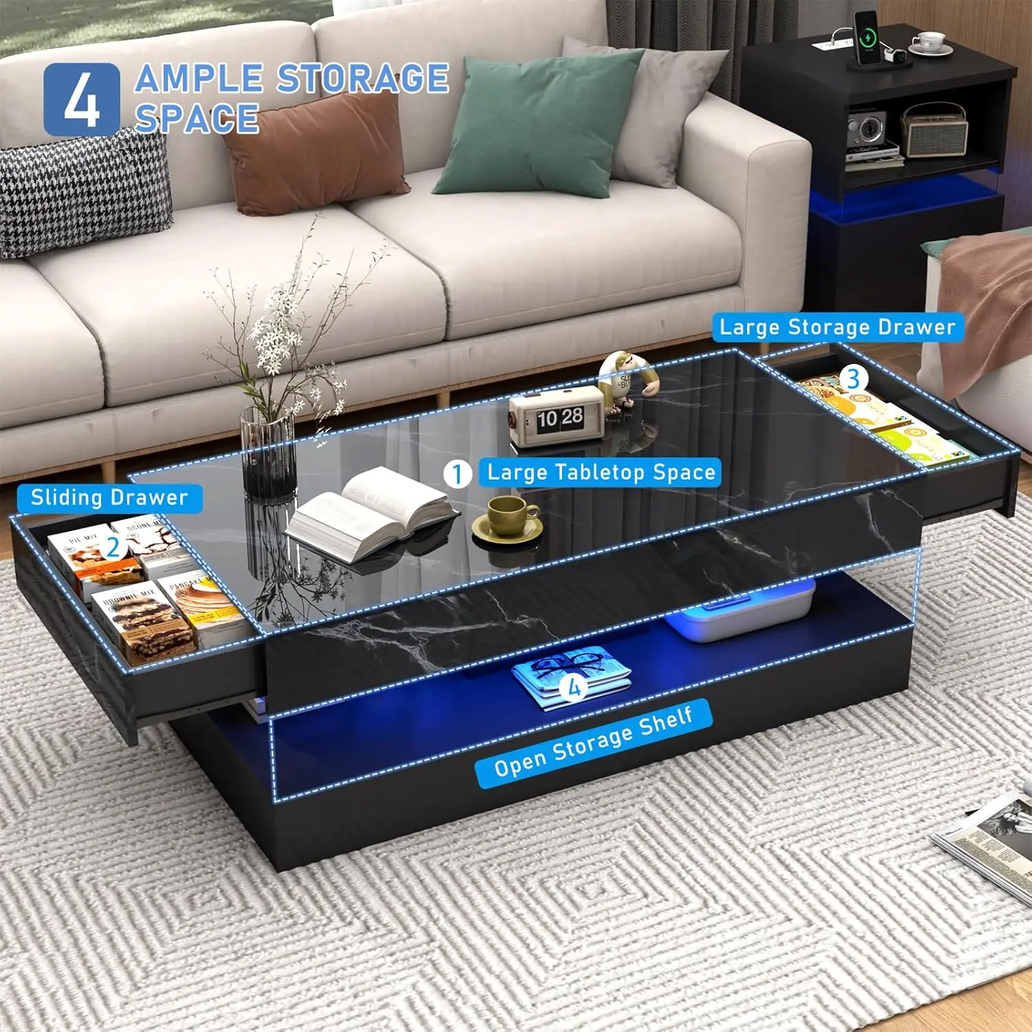 Modern Stylish Coffee Table with LED Lights, Double-Layer Design for Living Room Coffee Table with 2 Storage Drawers