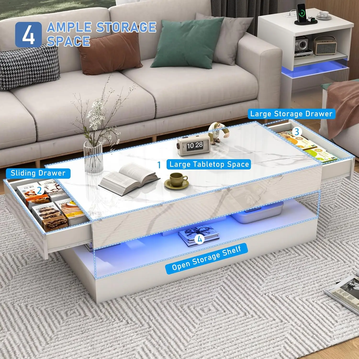 Modern Stylish Coffee Table with LED Lights, Double-Layer Design for Living Room Coffee Table with 2 Storage Drawers