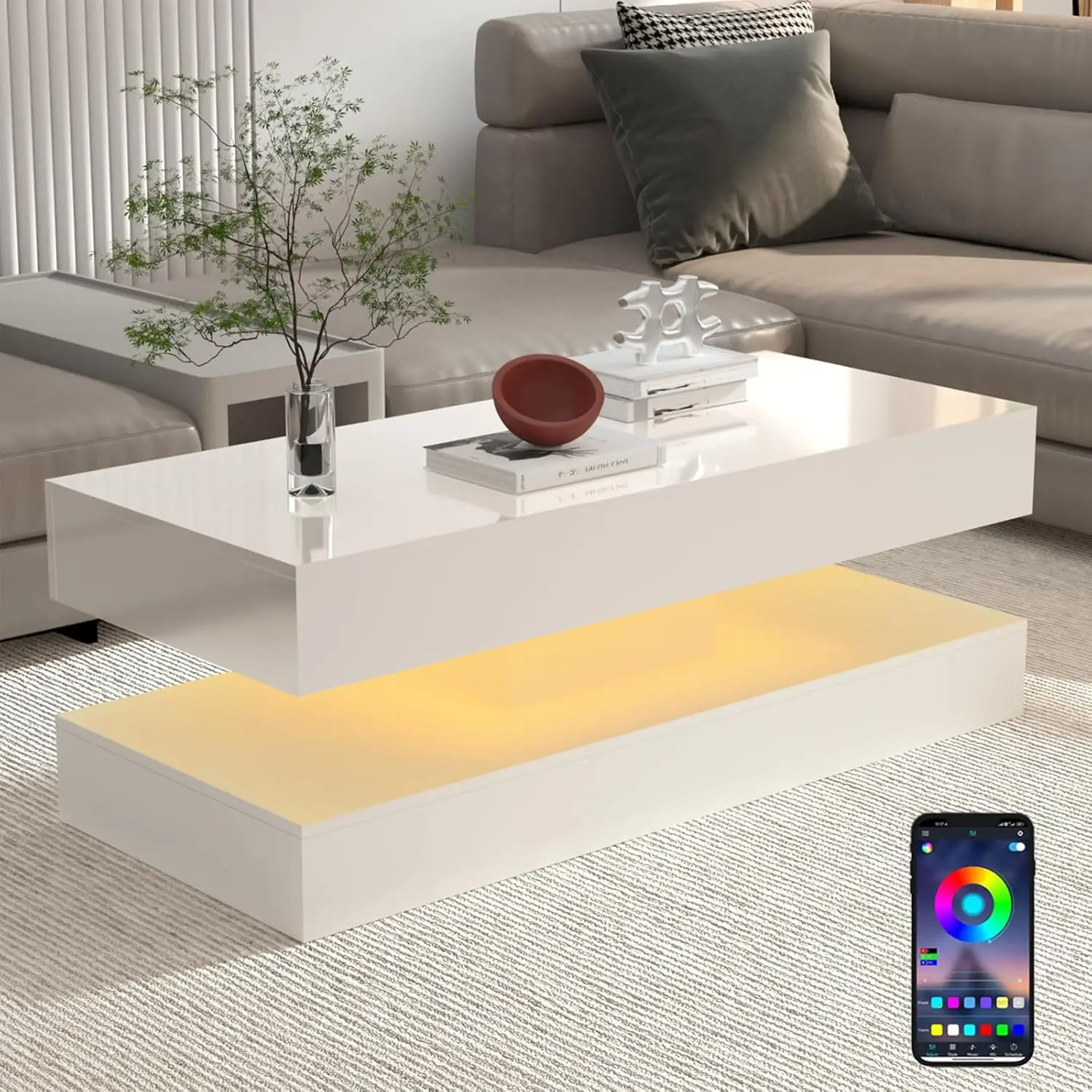 Modern Stylish Coffee Table with LED Lights, Double-Layer Design for Living Room Coffee Table with 2 Storage Drawers
