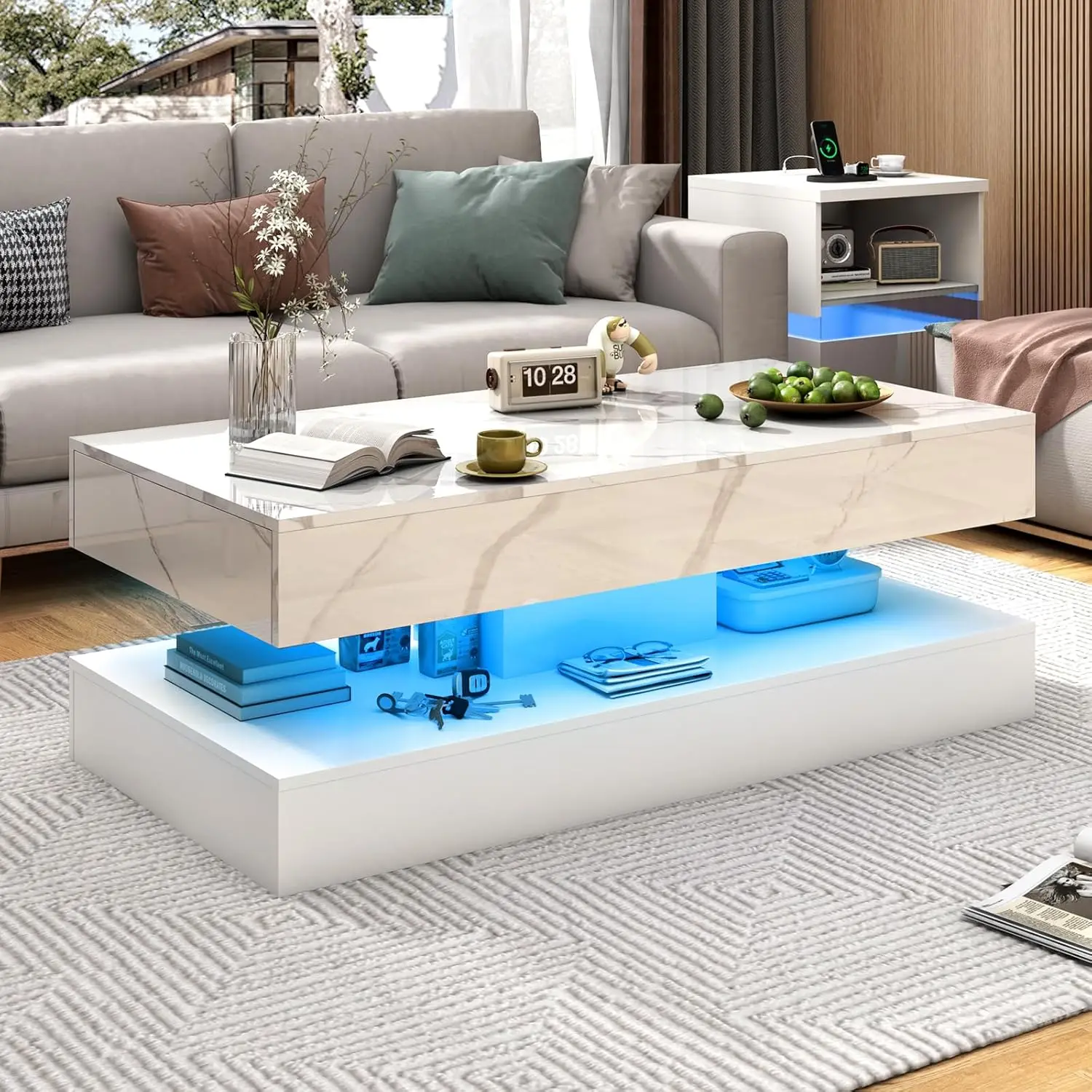 Modern Stylish Coffee Table with LED Lights, Double-Layer Design for Living Room Coffee Table with 2 Storage Drawers