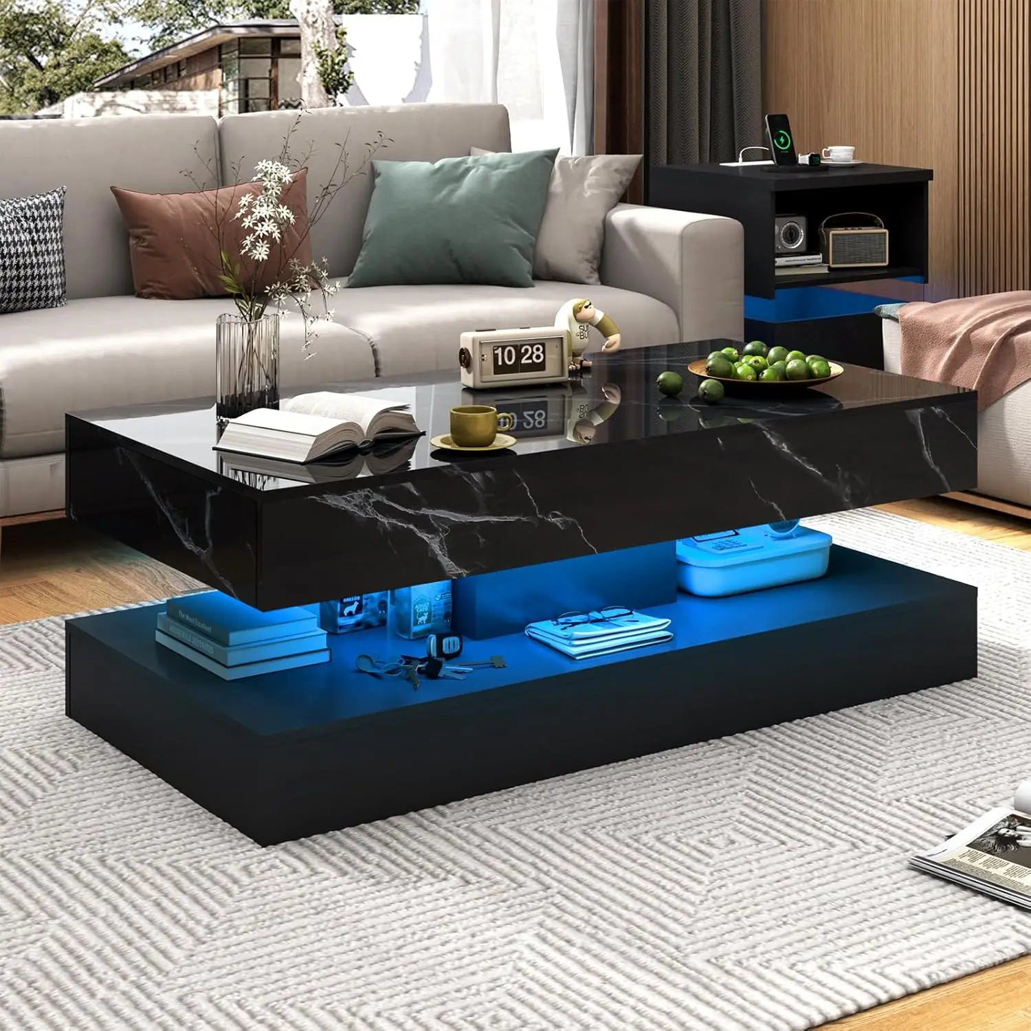 Modern Stylish Coffee Table with LED Lights, Double-Layer Design for Living Room Coffee Table with 2 Storage Drawers