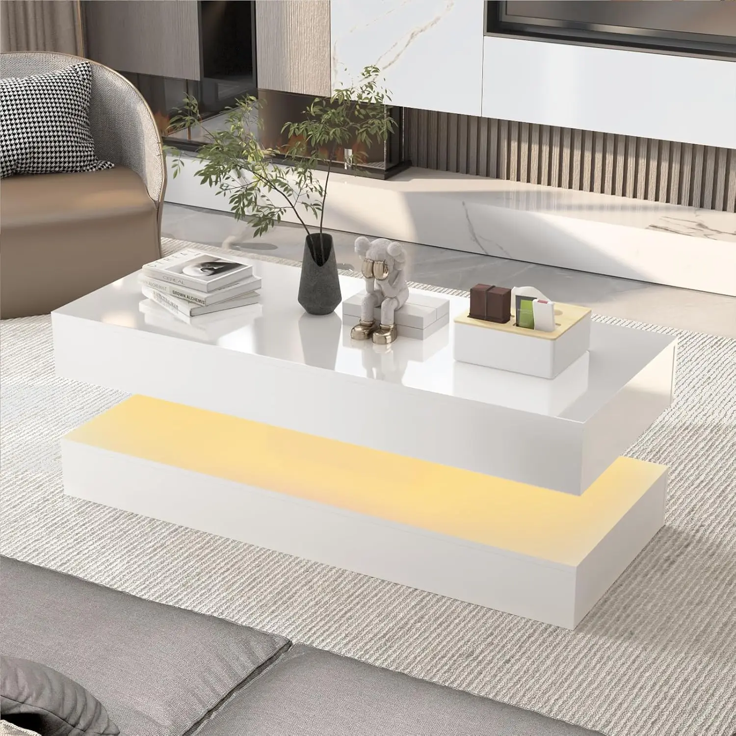 Modern Stylish Coffee Table with LED Lights, Double-Layer Design for Living Room Coffee Table with 2 Storage Drawers