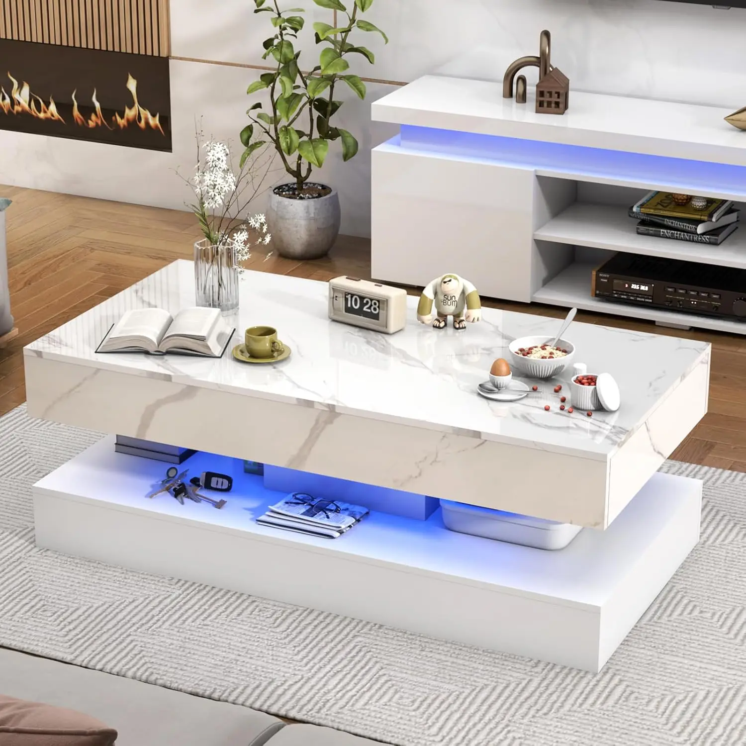Modern Stylish Coffee Table with LED Lights, Double-Layer Design for Living Room Coffee Table with 2 Storage Drawers
