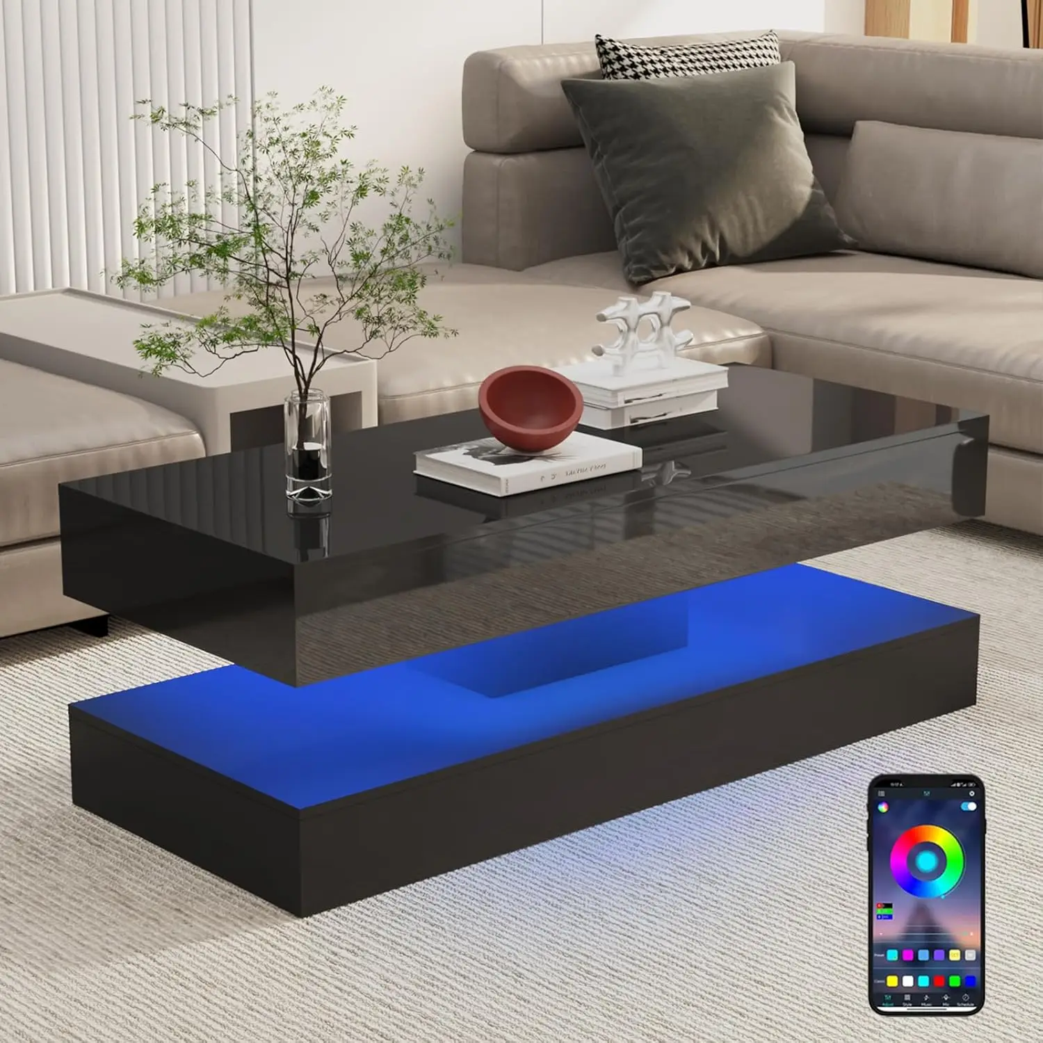 Modern Stylish Coffee Table with LED Lights, Double-Layer Design for Living Room Coffee Table with 2 Storage Drawers