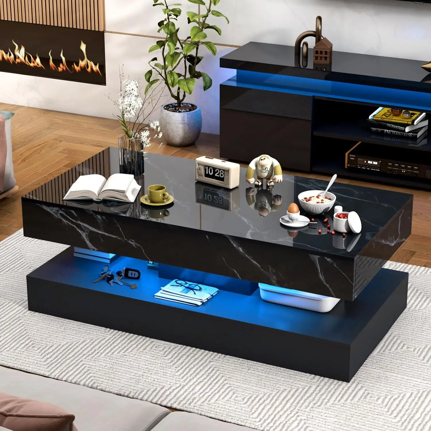 Modern Stylish Coffee Table with LED Lights, Double-Layer Design for Living Room Coffee Table with 2 Storage Drawers