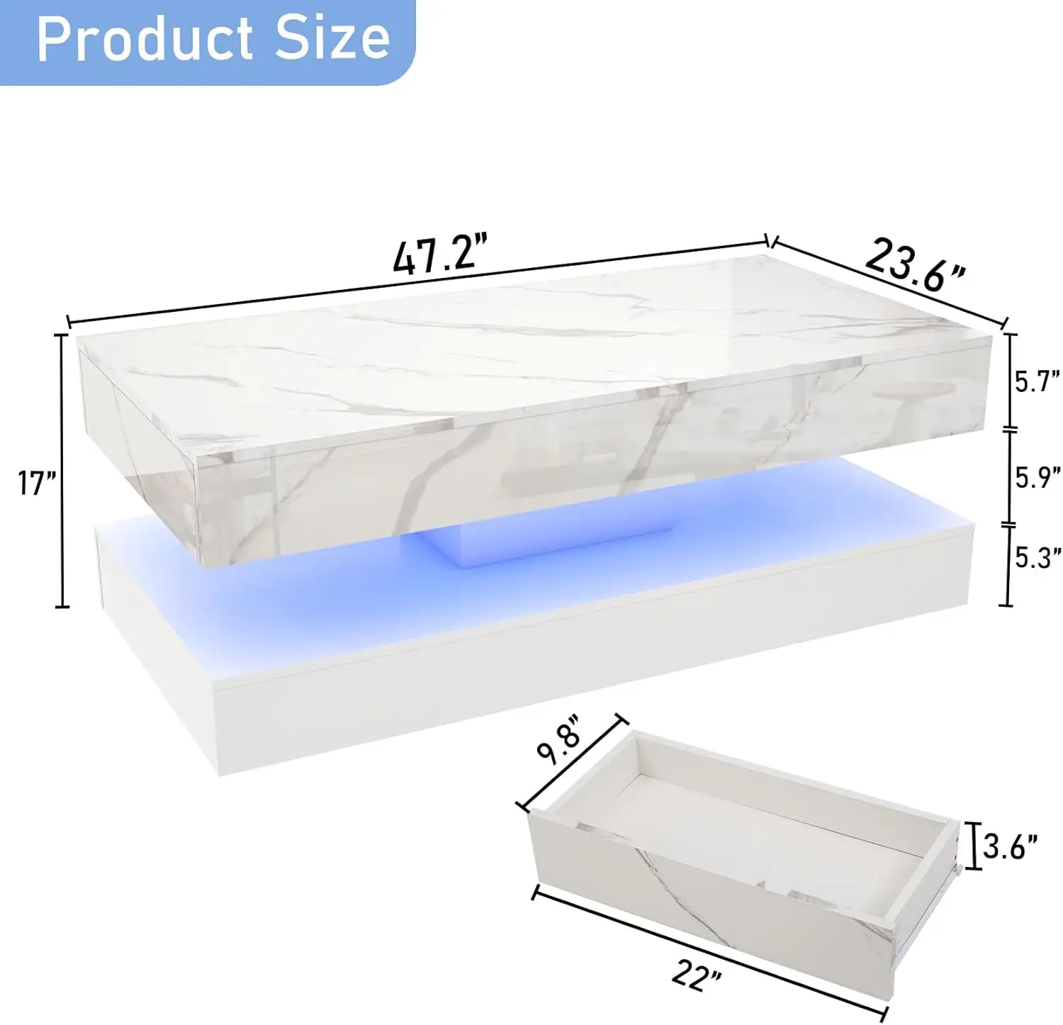 Modern Stylish Coffee Table with LED Lights, Double-Layer Design for Living Room Coffee Table with 2 Storage Drawers