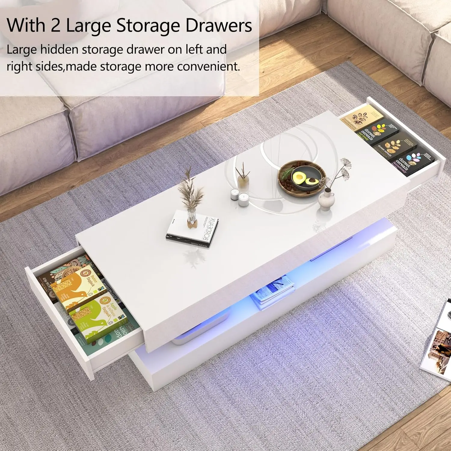 Modern Stylish Coffee Table with LED Lights, Double-Layer Design for Living Room Coffee Table with 2 Storage Drawers