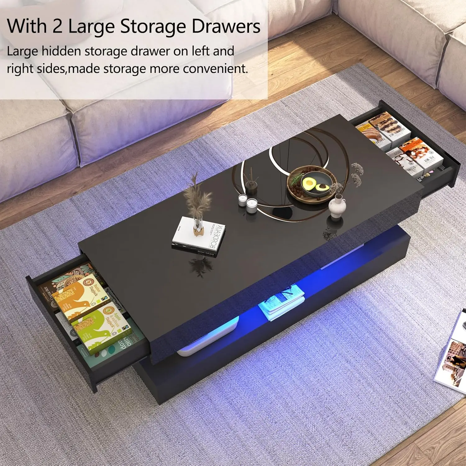 Modern Stylish Coffee Table with LED Lights, Double-Layer Design for Living Room Coffee Table with 2 Storage Drawers