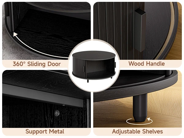 Round Coffee Table with Storage,31.5" Modern Coffee Table with 360° Curved Sliding Door,Fluted Wood Accent Coffee Tablee