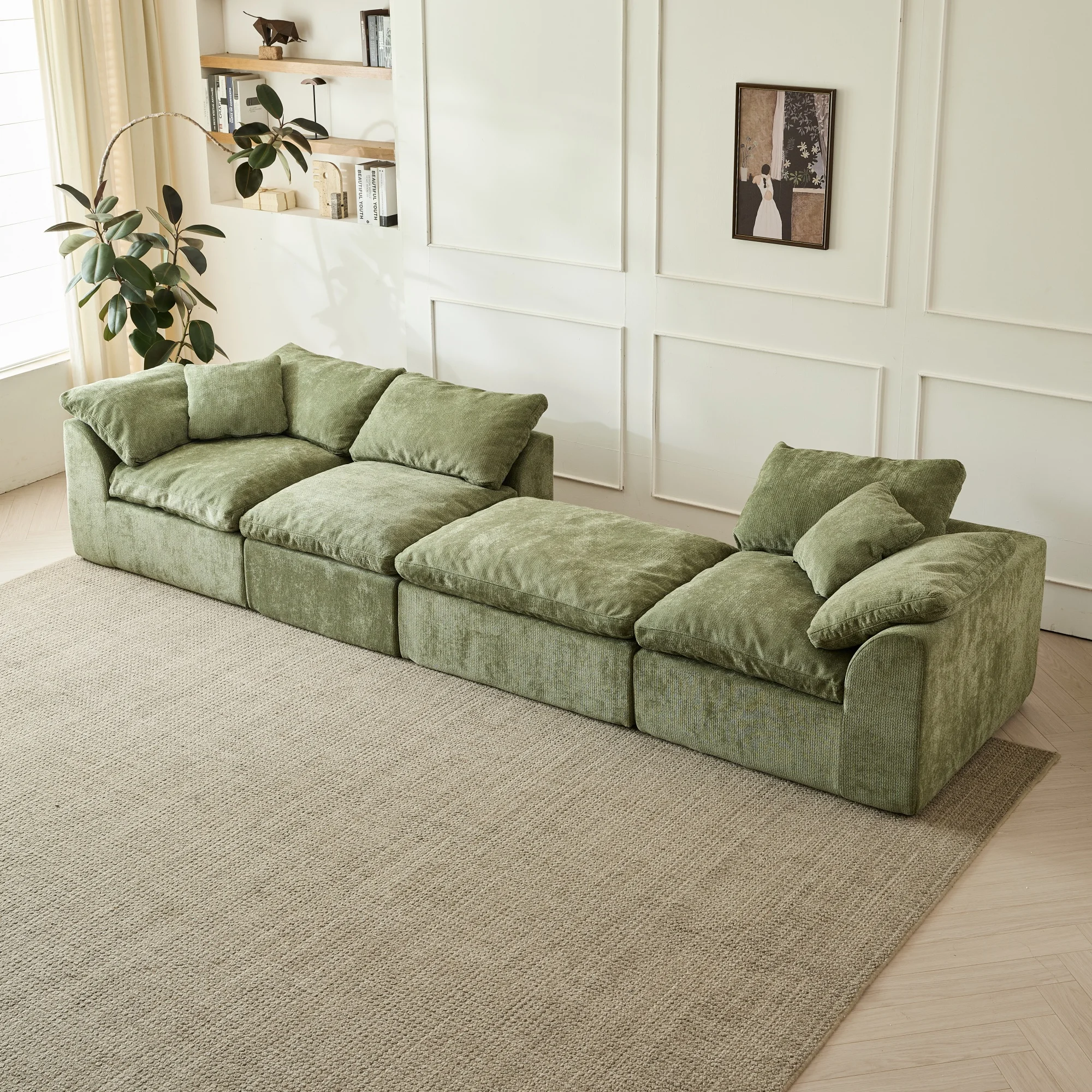 Modern Cloud L-Shaped 3-Seater Oversized Deep Seat Chenille Fabric Sofa Green Modular Sectional with Ottoman