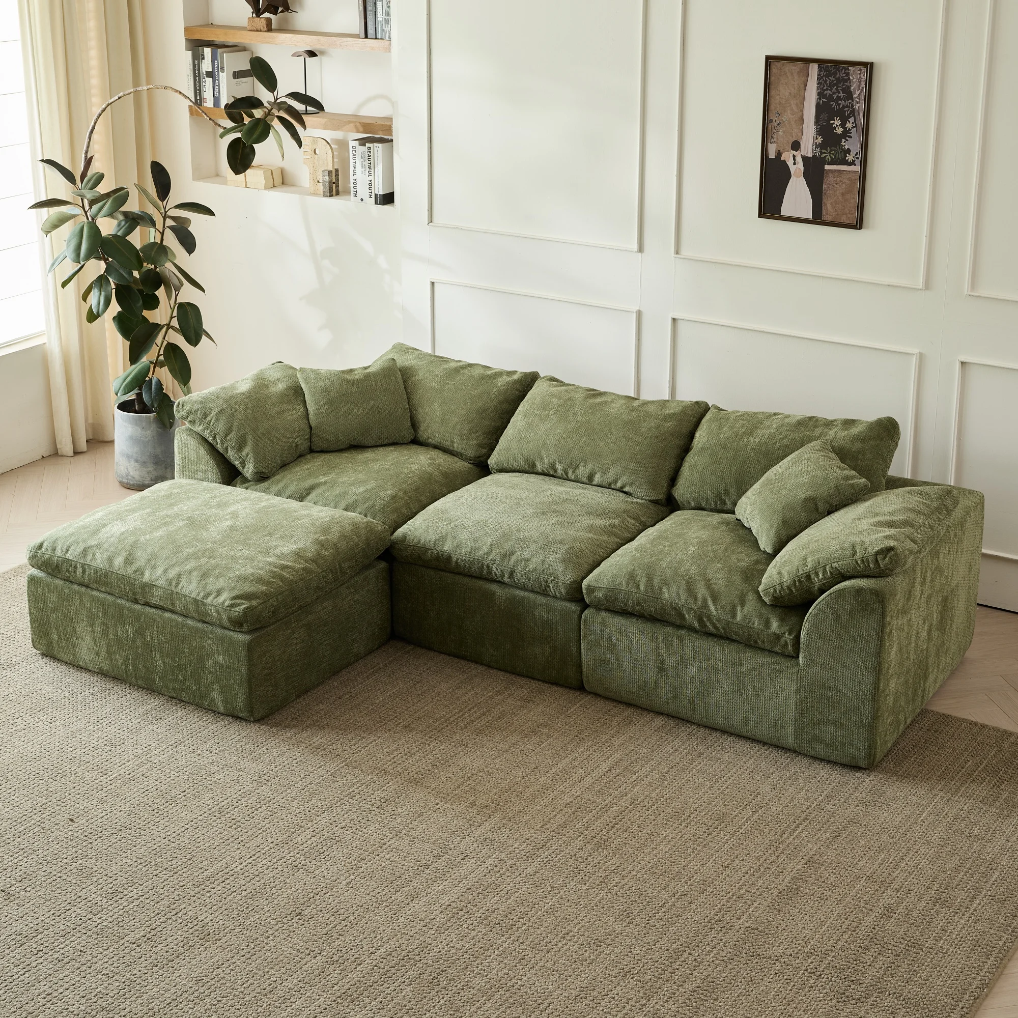 Modern Cloud L-Shaped 3-Seater Oversized Deep Seat Chenille Fabric Sofa Green Modular Sectional with Ottoman