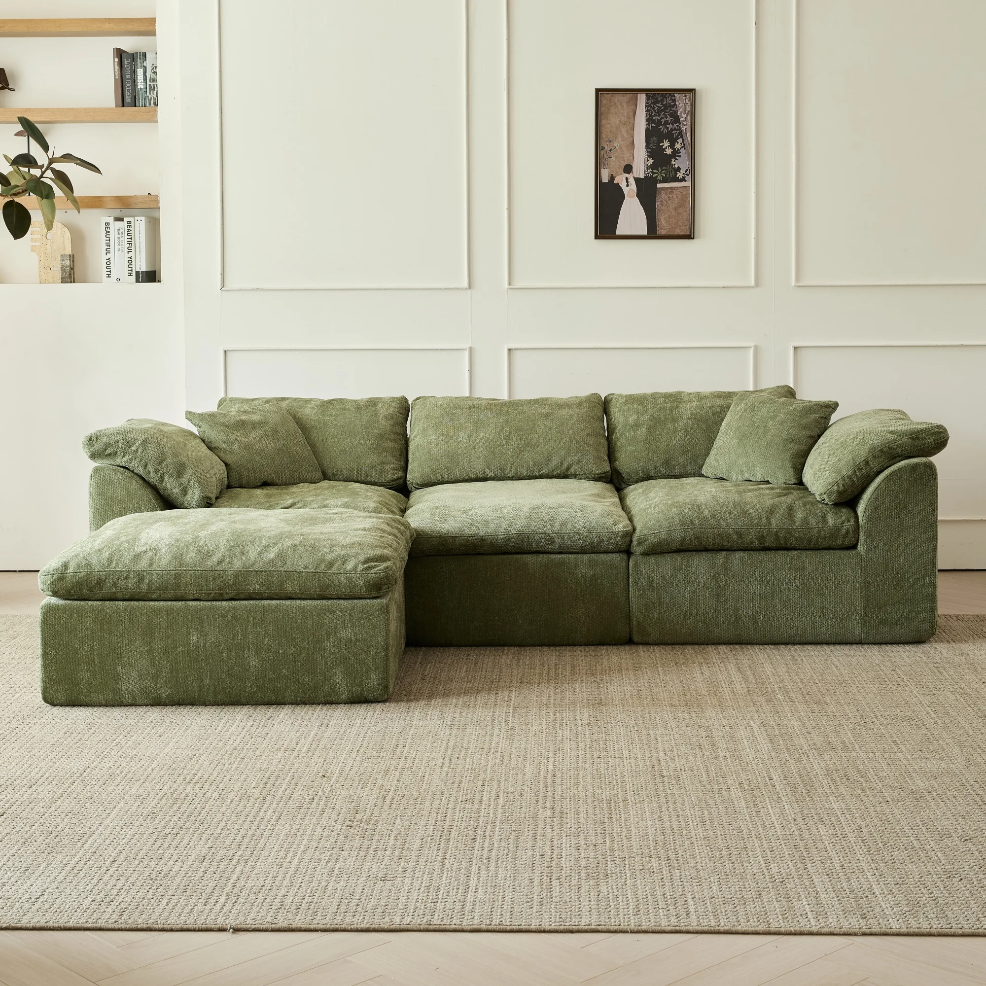 Modern Cloud L-Shaped 3-Seater Oversized Deep Seat Chenille Fabric Sofa Green Modular Sectional with Ottoman