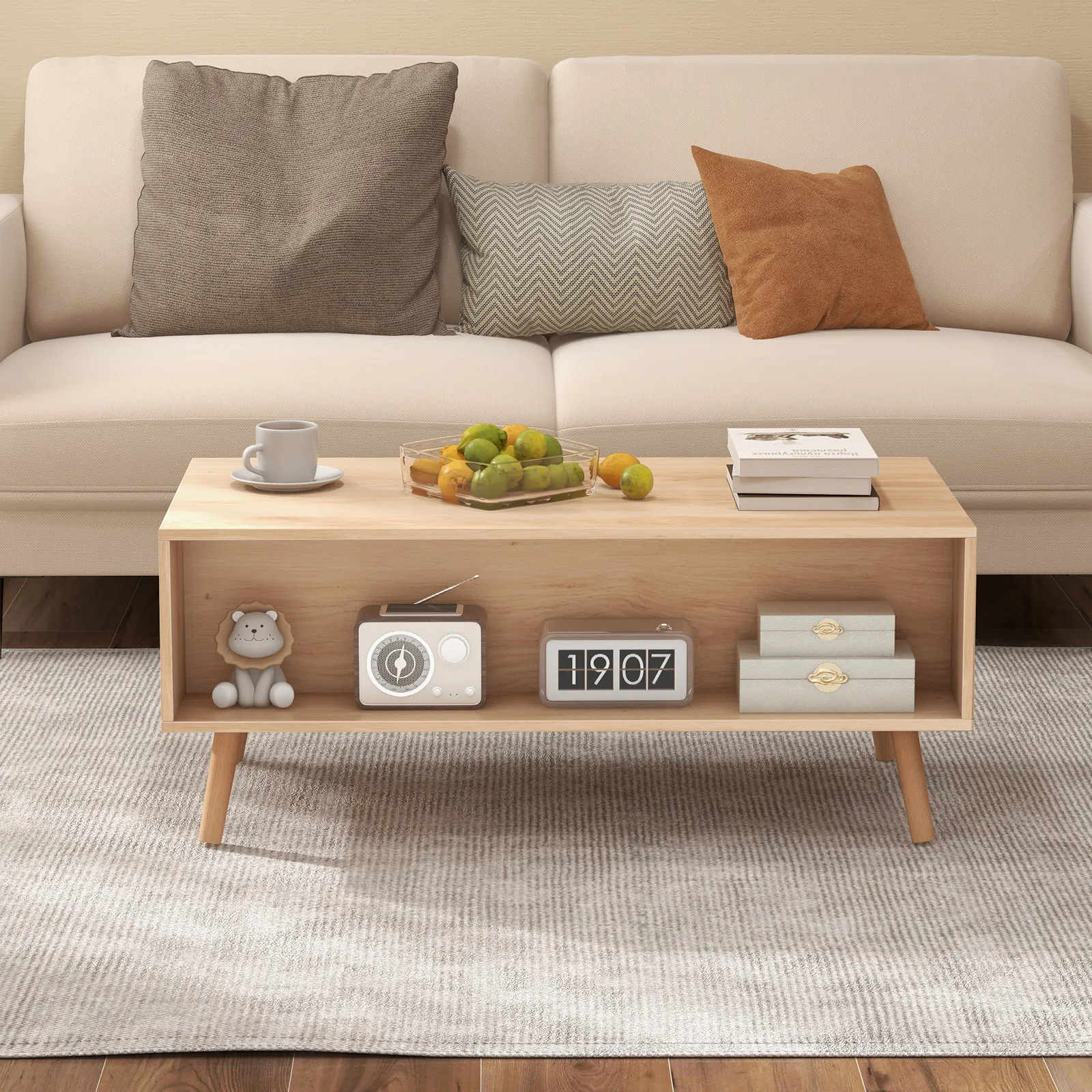 Rattan Coffee Table Mid Century Modern Center Table with 2 Storage Drawers