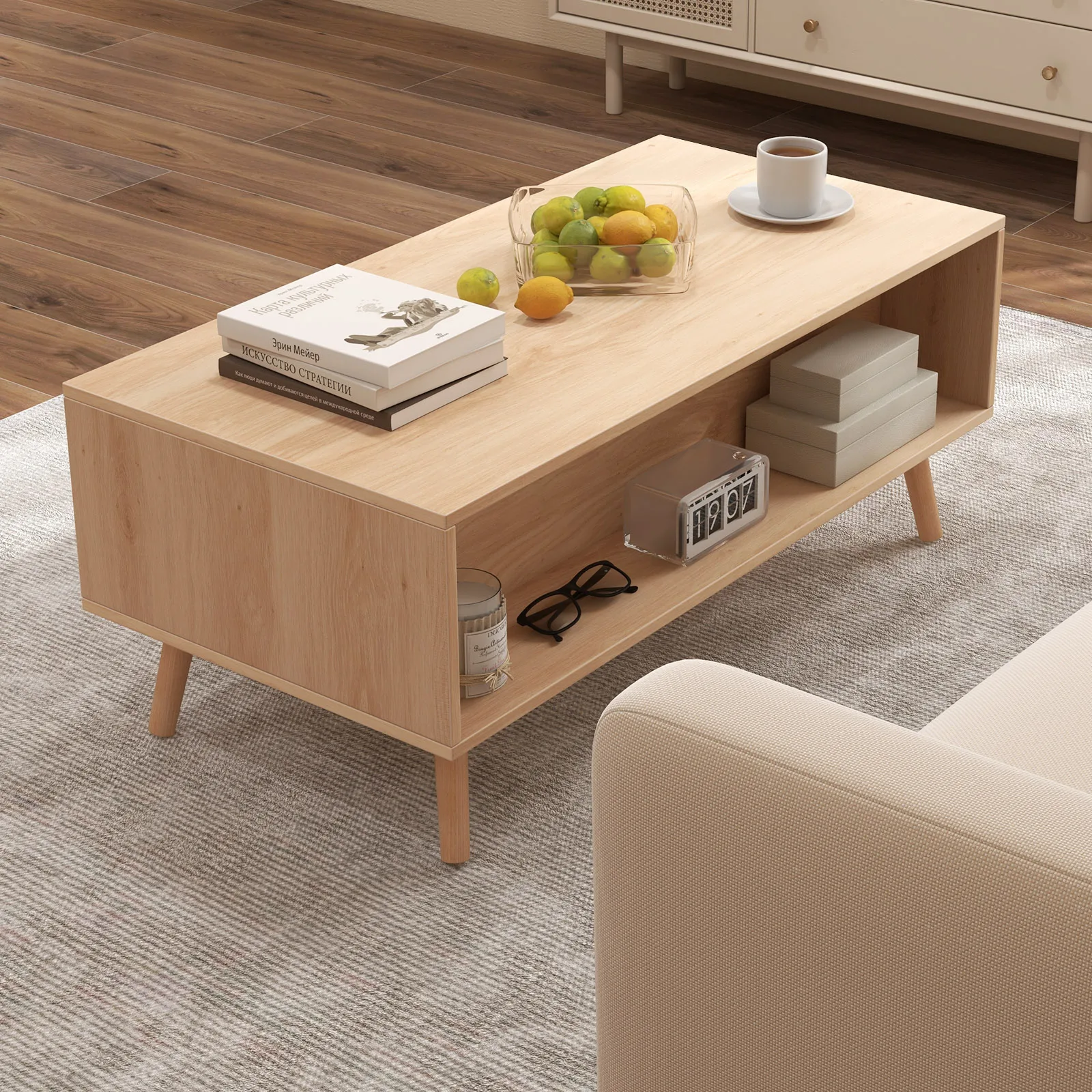 Rattan Coffee Table Mid Century Modern Center Table with 2 Storage Drawers