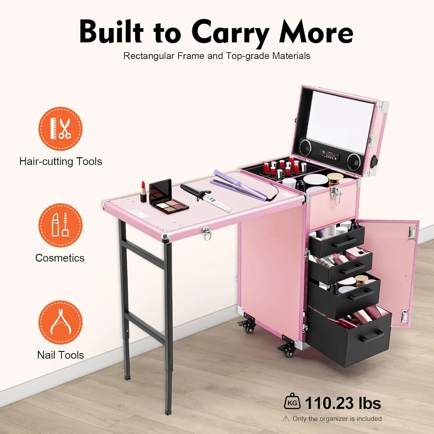 Portable Rolling Manicure Table for Nail Teach w/Audio, Professional Makeup Storage Manicure Dressing Table with, Customized
