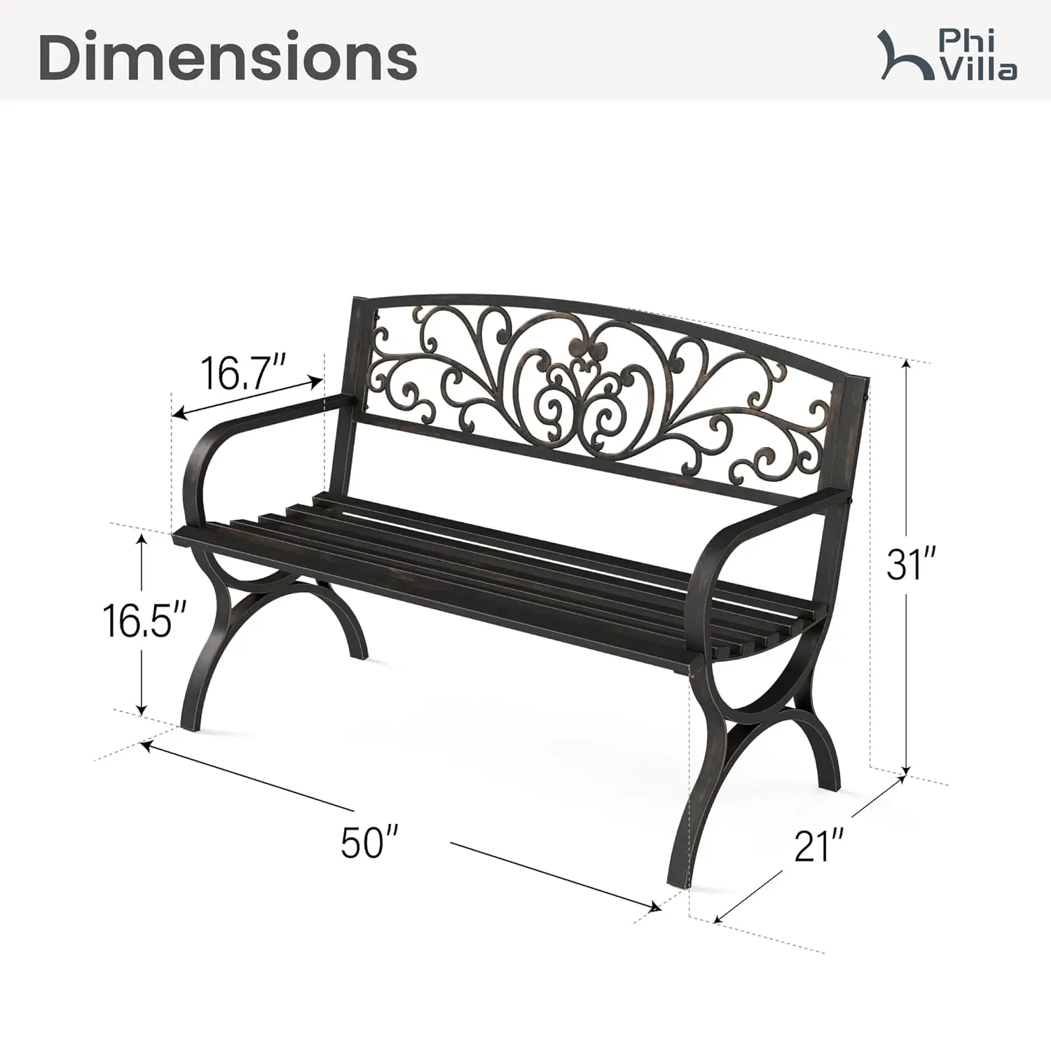 50in Cast Iron Steel Garden Bench Patio Chair w/Floral Backrest Slatted Seat Park Yard Porch Bronze, Customized