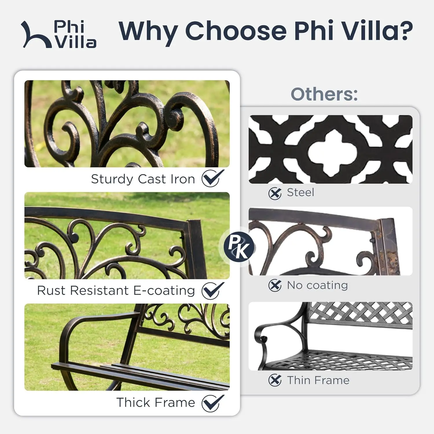 50in Cast Iron Steel Garden Bench Patio Chair w/Floral Backrest Slatted Seat Park Yard Porch Bronze, Customized