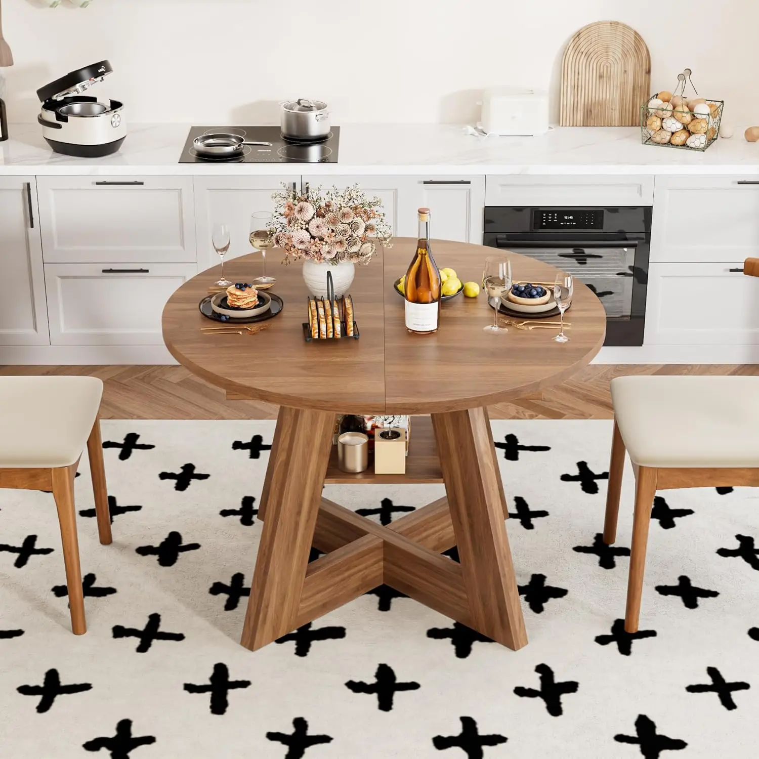 43.3in-59in Extendable Dining Table for 4-6, Round Kitchen Dining Room Table with Removable Leaves Space Saving, Customized