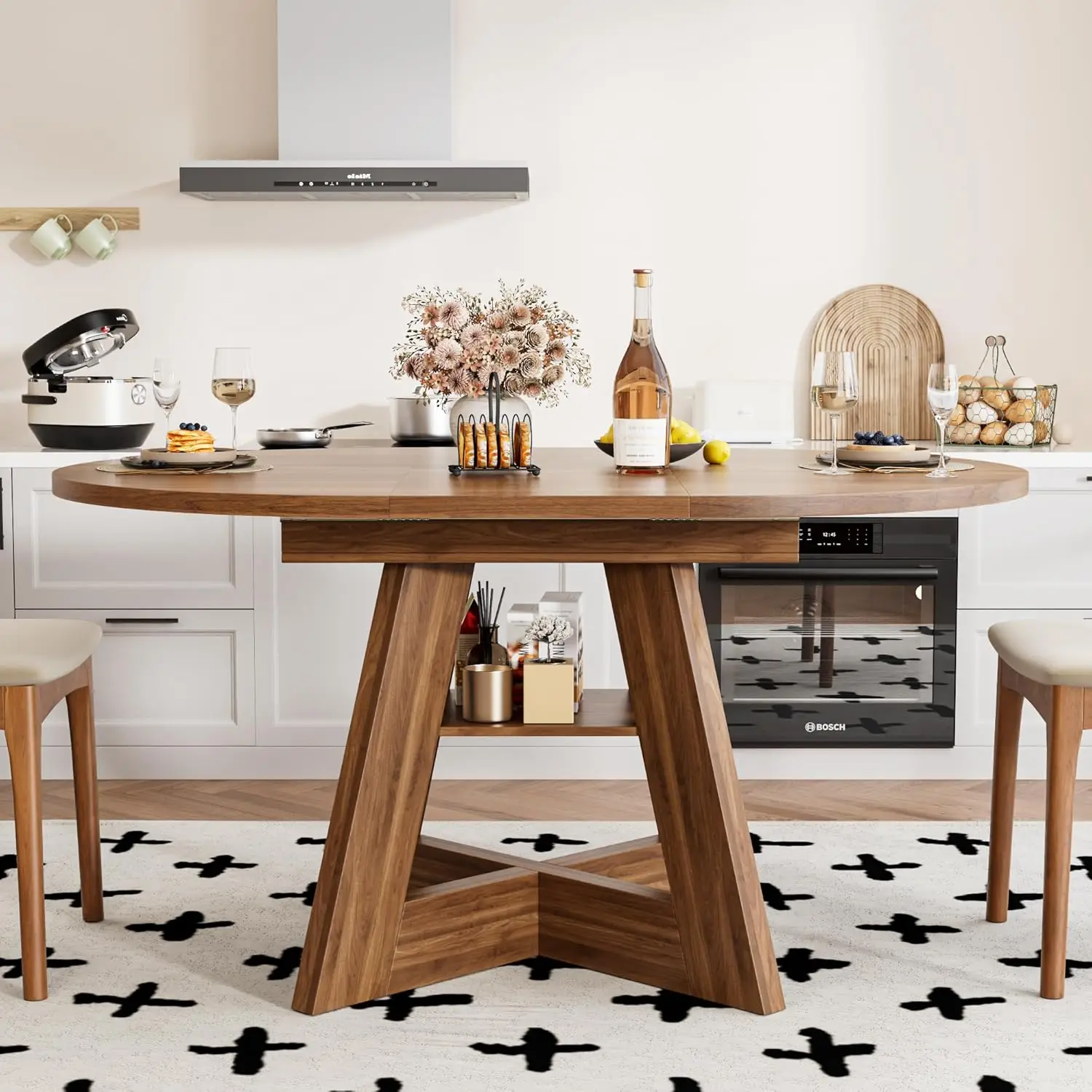 43.3in-59in Extendable Dining Table for 4-6, Round Kitchen Dining Room Table with Removable Leaves Space Saving, Customized