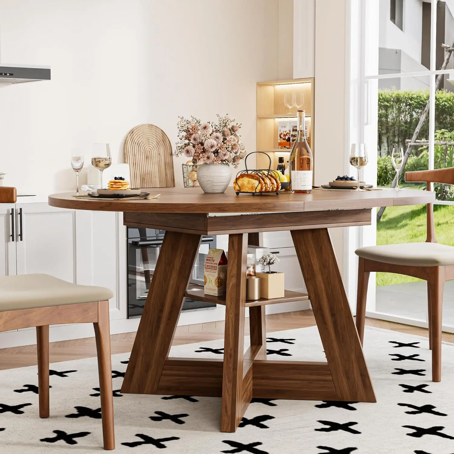 43.3in-59in Extendable Dining Table for 4-6, Round Kitchen Dining Room Table with Removable Leaves Space Saving, Customized