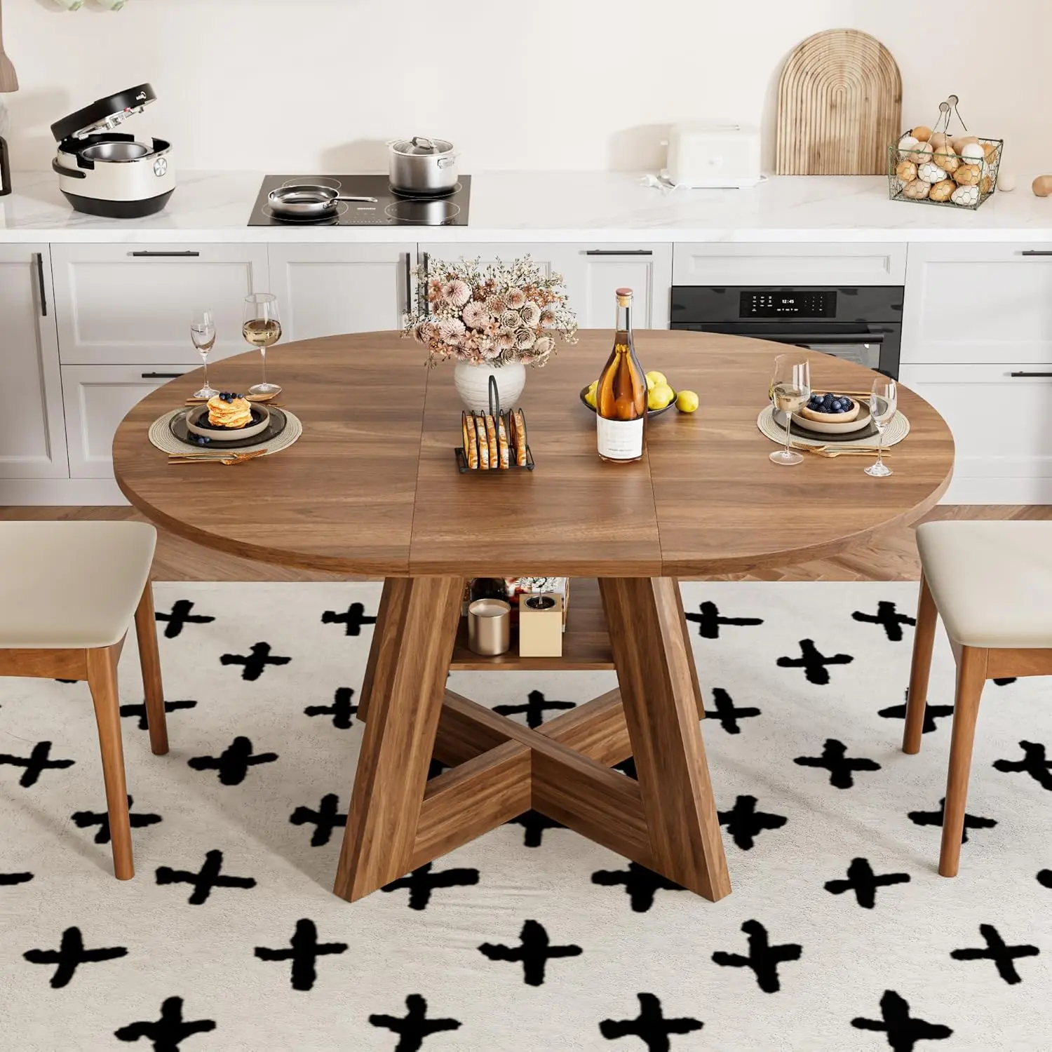 43.3in-59in Extendable Dining Table for 4-6, Round Kitchen Dining Room Table with Removable Leaves Space Saving, Customized