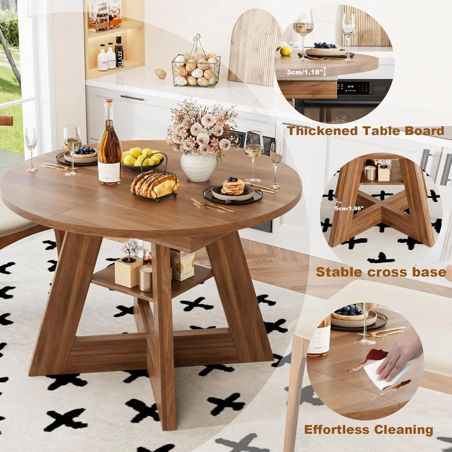43.3in-59in Extendable Dining Table for 4-6, Round Kitchen Dining Room Table with Removable Leaves Space Saving, Customized