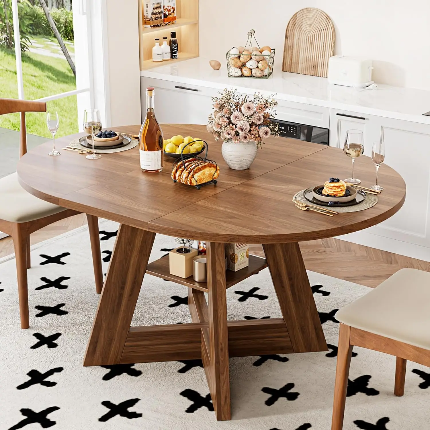 43.3in-59in Extendable Dining Table for 4-6, Round Kitchen Dining Room Table with Removable Leaves Space Saving, Customized