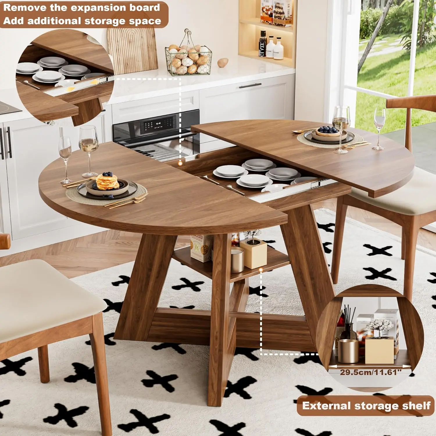 43.3in-59in Extendable Dining Table for 4-6, Round Kitchen Dining Room Table with Removable Leaves Space Saving, Customized