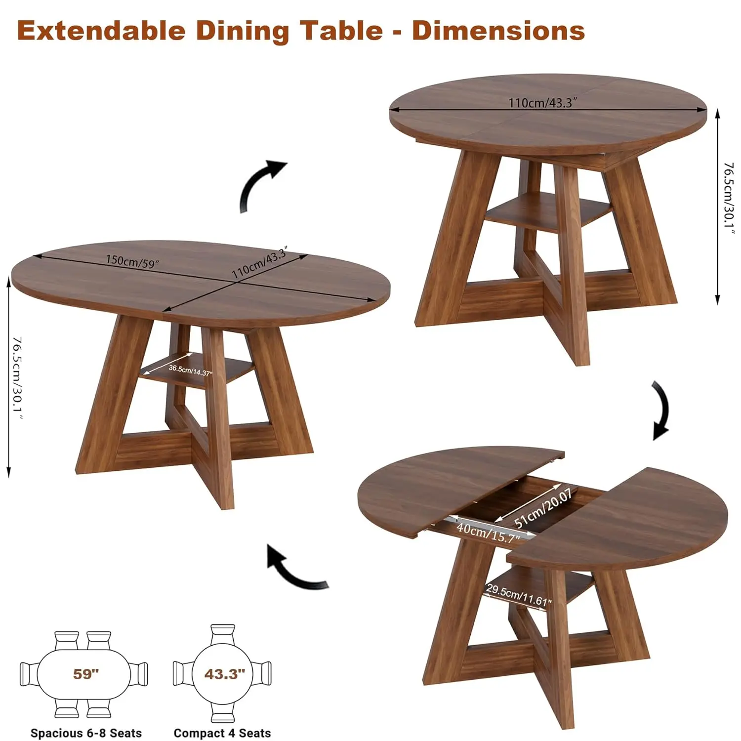 43.3in-59in Extendable Dining Table for 4-6, Round Kitchen Dining Room Table with Removable Leaves Space Saving, Customized