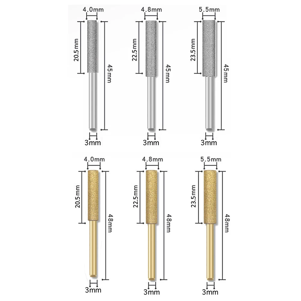 6pcs Chainsaw Sharpener 4/4.8/5.5mm Diamond Coated Cylindrical Burr Chain Saw Sharpening Grinding Head