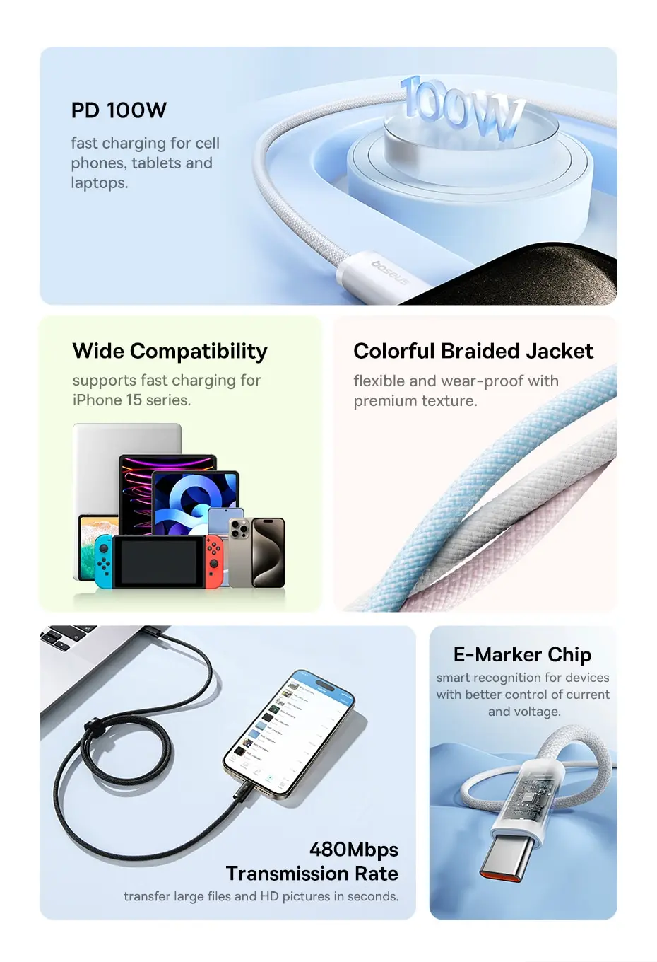 Baseus 100W Type C To USB C Cable For iPhone 18 17 16 Fast Charging Charger Cord For Macbook iPad Samsung Xiaomi Fast USB C Wire