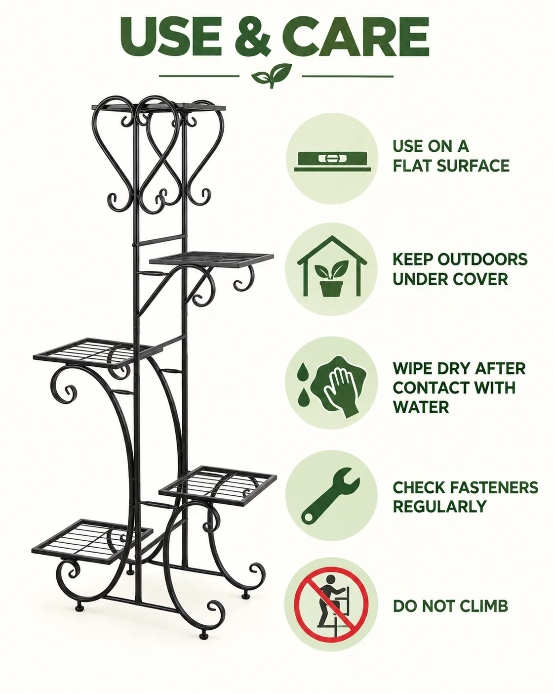 5 Tier Metal Plant Rack with Adjustable Feet, Space-Saving Vertical Flower Stand for Indoor and Sheltered Outdoor Use
