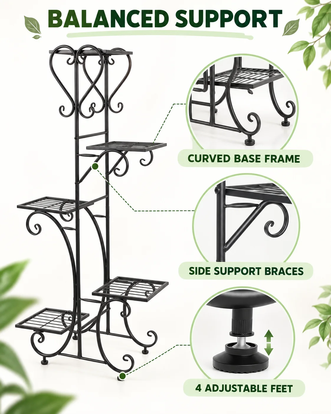 5 Tier Metal Plant Rack with Adjustable Feet, Space-Saving Vertical Flower Stand for Indoor and Sheltered Outdoor Use